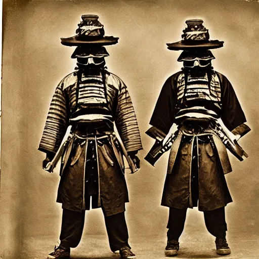 Image similar to tintype photographs of dieselpunk samurai, psycho oni, ninja demons