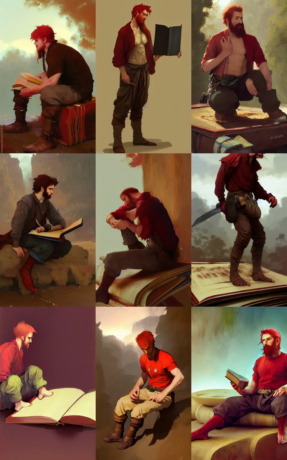 Prompt: Red-haired peasant man from Lilliput sitting on giant book, brown shirt and pants, style digital painting, concept art, smooth, sharp focus, illustration, from Metal Gear, by Ruan Jia and Mandy Jurgens and William-Adolphe Bouguereau, Artgerm