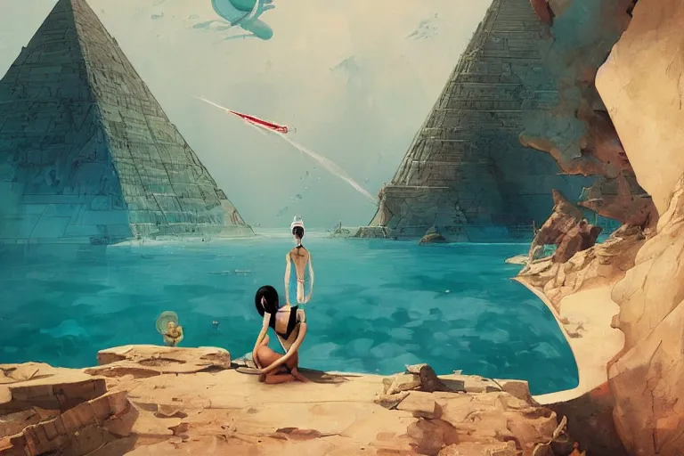 Prompt: lee jin - eun in astronaut dress emerging from turquoise water in egyptian pyramid by peter mohrbacher, android james, conrad roset, m. k. kaluta, martine johanna, rule of thirds, elegant look, beautiful, luxurious