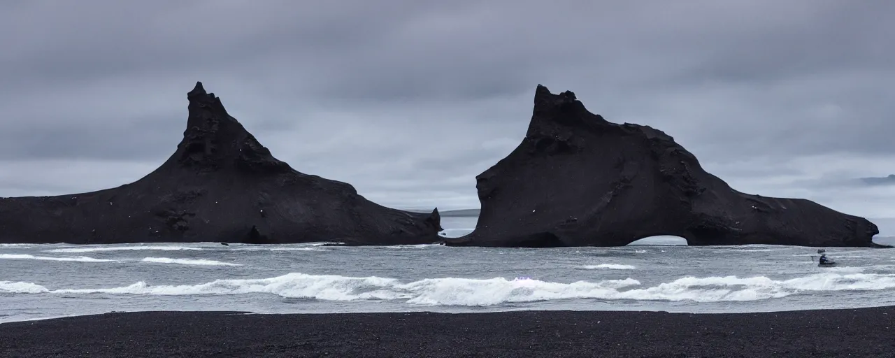 Image similar to cinematic shot of giant futuristic military spacecraft in the middle of an endless black sand beach in iceland with icebergs in the distance,, 2 8 mm