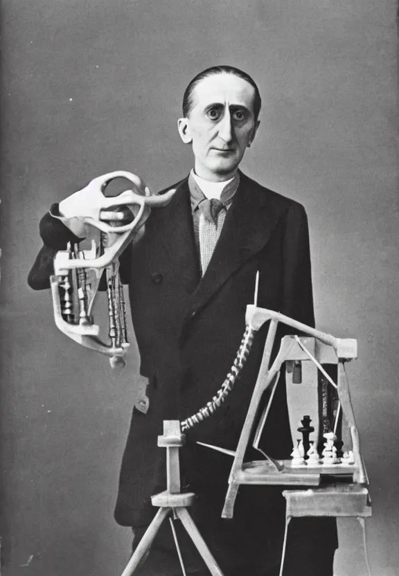 Image similar to marcel duchamp holding up a chess - piece wire - machine, a surrealist painting by marcel duchamp, complex artificial - intelligence machinery, flickr contest winner, studio portrait, 1 9 2 0 s