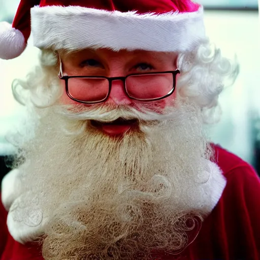 Image similar to a really terrible and unconvincing mall santa claus, film camera photo, highly detailed, high definition, ultra realistic