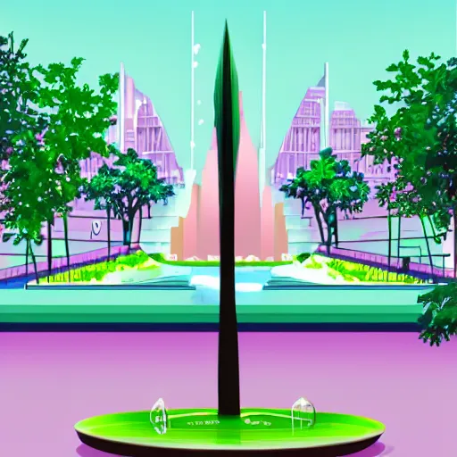 Image similar to art deco vaporwave illustration of a park with trees, benches, and a water feature, in a futuristic pastel city