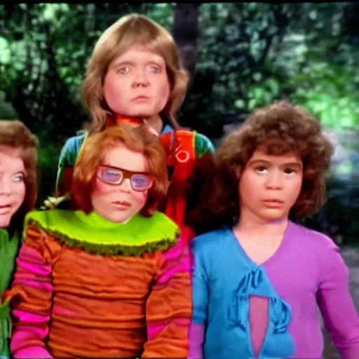 Prompt: still from a 1 9 7 8 children's tv show about people wearing nostrils technicolor