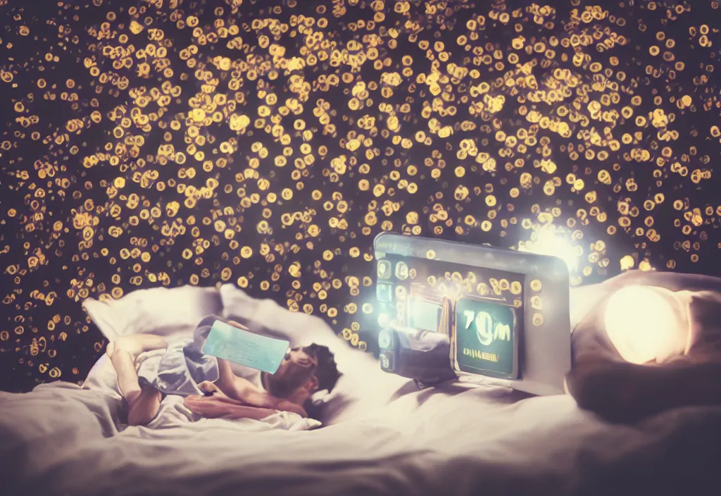 Image similar to 3 d floating people dream popping out of curved movie screen, volumetric lighting, bedroom, sleeping, pair of keycards on table, bokeh, creterion collection, shot on 7 0 mm, instax