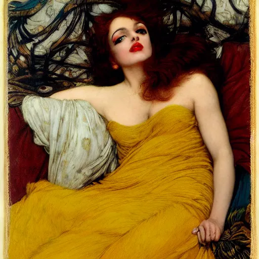 Image similar to reclining on bed, hybrid of judy garland and a hybrid of lady gaga and tom hanks, aged 2 5, brown fringe, large full lips, wide shot, yellow ochre ornate medieval dress, john william waterhouse, kilian eng, rosetti, john everett millais, william holman hunt, william morris, 4 k