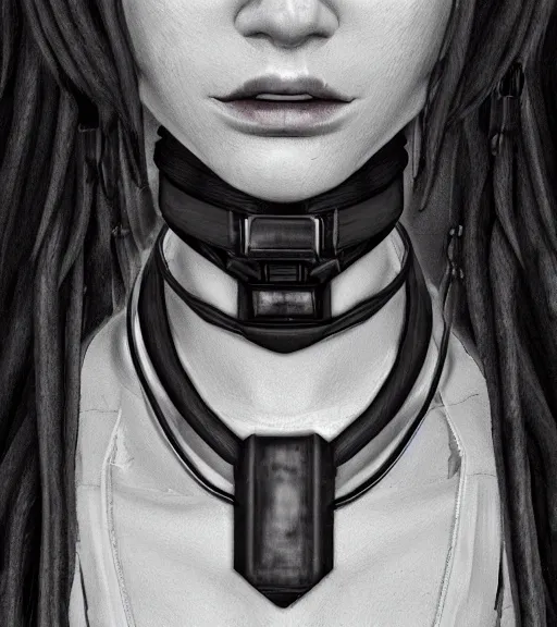 Image similar to detailed realistic female character cyberpunk wearing thick steel collar around neck, realistic, art, beautiful, 4K, collar, choker, collar around neck, punk, artstation, detailed, female, woman, choker, cyberpunk, neon, punk, collar, choker, collar around neck, thick collar, tight around neck, punk,