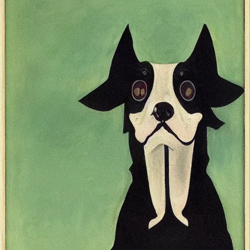 Prompt: a small black dog with big ears drinking beer by charles e. burchfield