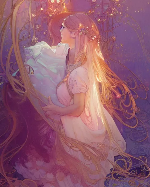 Image similar to secret romance, highly detailed, gold filigree, romantic storybook fantasy, soft cinematic lighting, award, disney concept art watercolor illustration by mandy jurgens and alphonse mucha and alena aenami, pastel color palette, featured on artstation