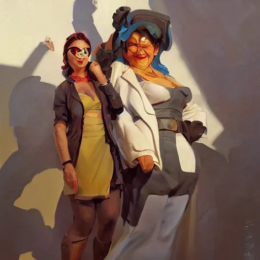 Image similar to greg manchess painting of two old ladies overwatch character, medium shot, asymmetrical, profile picture, organic painting, sunny day, matte painting, bold shapes, hard edges, street art, trending on artstation, by huang guangjian and gil elvgren and sachin teng