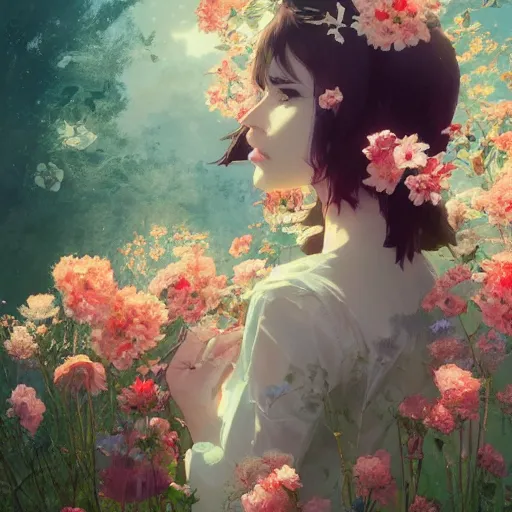 Image similar to kittens in flowers, intricate complexity, by greg rutkowski, artgerm, ross tran, conrad roset, takato yomamoto, ilya kuvshinov. 4 k, beautiful, cinematic dramatic atmosphere