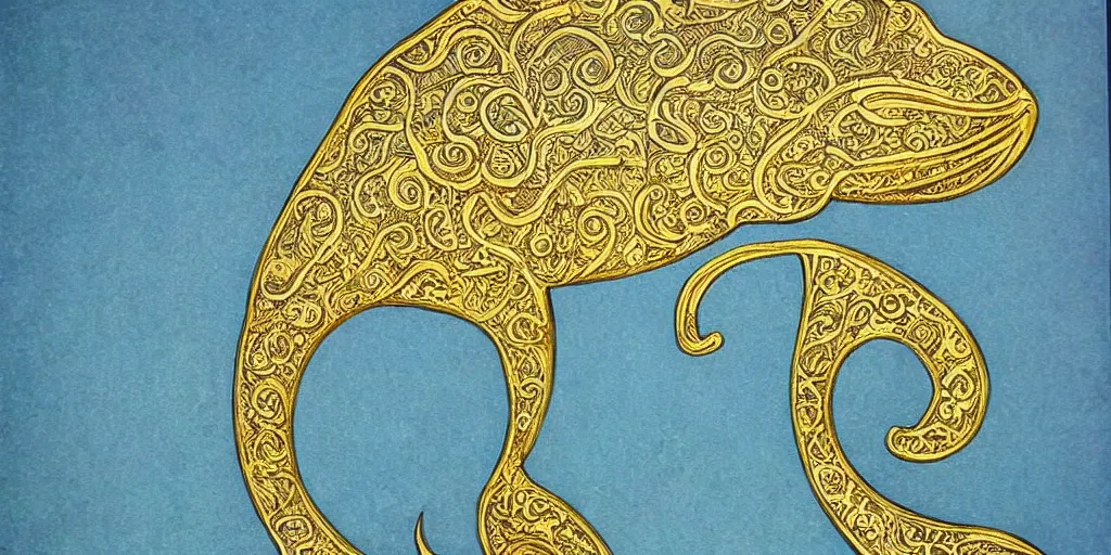 Prompt: whale, tarot style, art nouveau, gold filigree, painted, high detail,