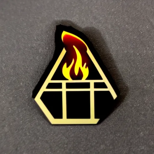 Prompt: a diamond enamel pin depicting a minimalistic clean graphic illustration fire flames warning label, smooth curves