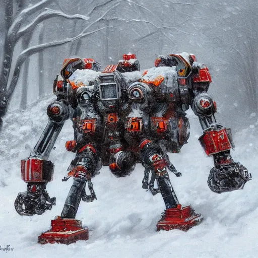 Image similar to russian walking steam mecha machine in the snow, Rozalski, trending on artstation