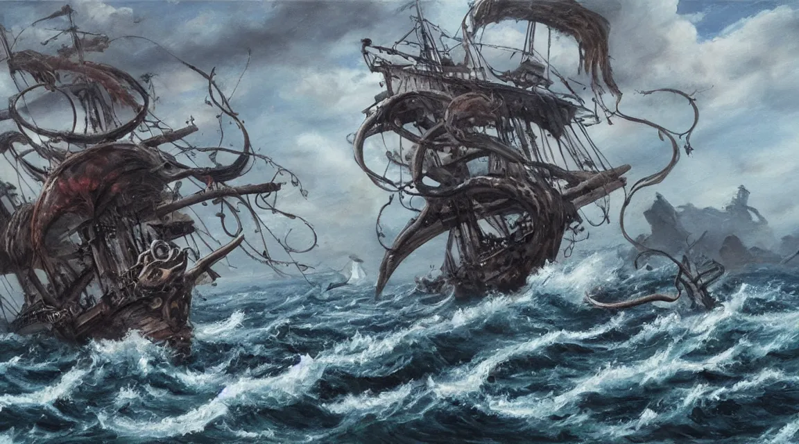 Prompt: oil painting of a pirate ship being attacked by a kraken