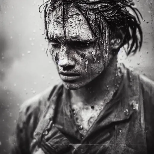 Image similar to A wet-collodion styled portrait of a disheveled solider coming back from battle looking defeated, staring straight into the camera. Depth of field, smokey background, high contrast, extremely detailed.