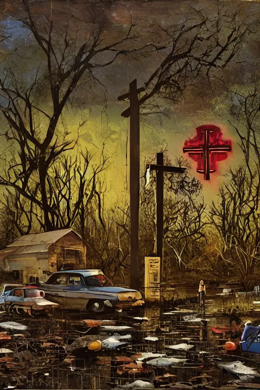 Image similar to scene fromlouisiana swamps, old protestant church with neon cross, junkyard by the road, boy scout troop, voodoo artwork by tim eitel