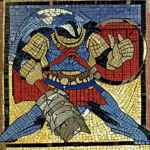 Prompt: an ancient greek mosaic of shredder from teenage mutant ninja turtles