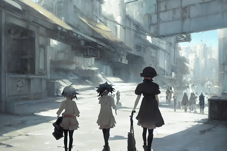 Prompt: baroque oil painting of anime key visual concept art of girl's last tour scenery official art, white clean abandoned concrete cityscapes, trending on artstation, palette knife and brush strokes, oil on canvas, style of makoto shinkai greg rutkowski studio ghibli