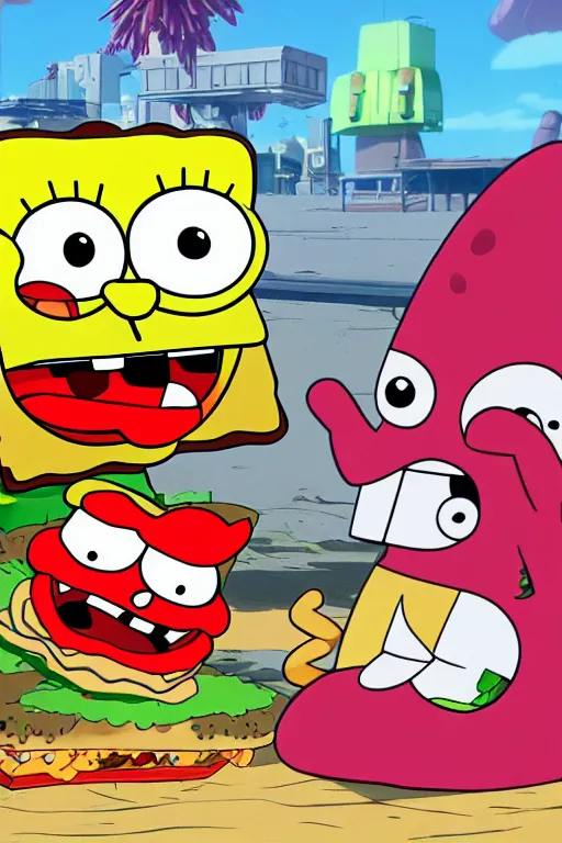 Image similar to sifi spongebob fight mr crabs for a burger, anime, 4 k