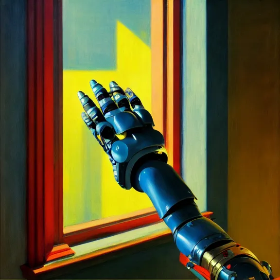 Prompt: beautiful illustration of a robotic arm painting an artwork on a canvas with a paintbrush by Edward Hopper, clean lines, very detailed, colorful octane render