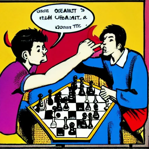 Prompt: dream and desire playing a match of chess, comic art