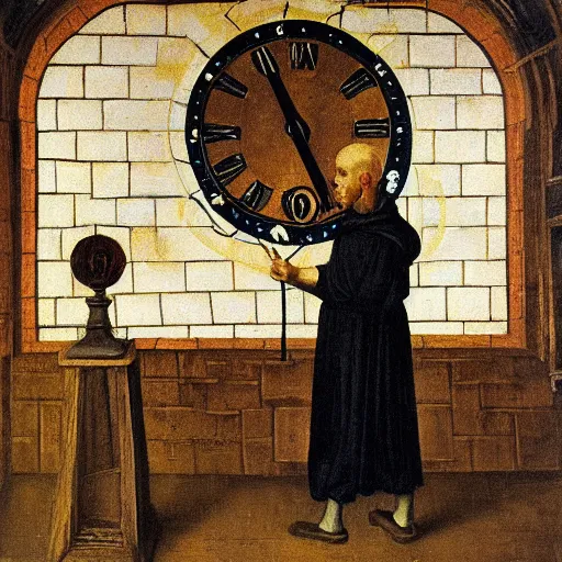 Prompt: medieval monk maintaining an enormous, complex, mechanical clock, oil painting, warm lighting