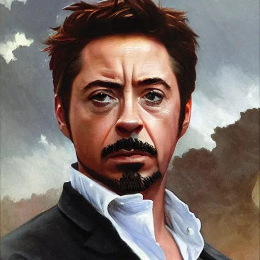 Image similar to Bouguereau painting .close up of attractive robert downey tony stark.wearing iron man armor