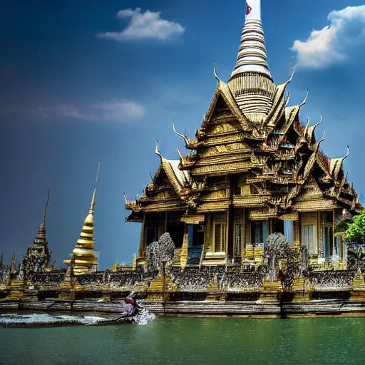 Image similar to Godzilla breaking the Royal Palace in Bangkok, colourized, photo, high quality