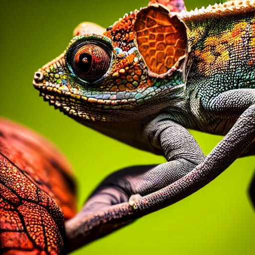 Prompt: photo of a chameleon reaching for a butterfly with his tongue, sharp, dramatic lighting, intense, incredibly detailed, studio, 85mm Sigma Art lens