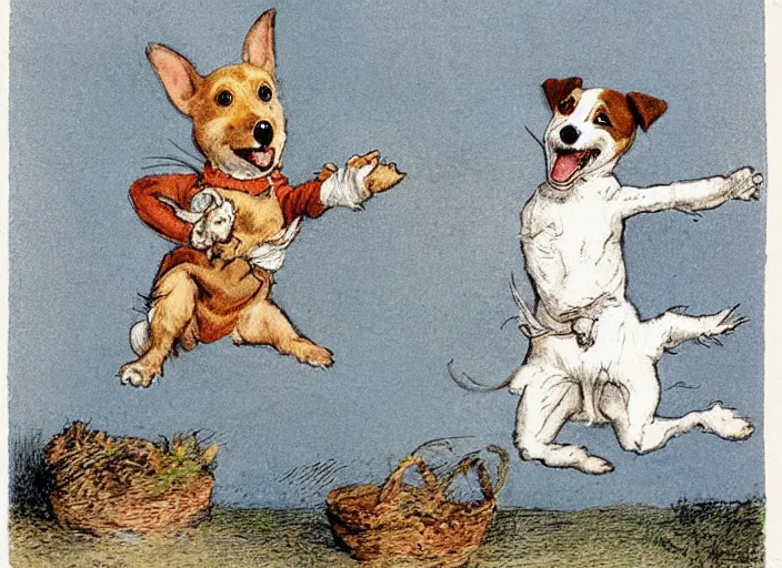 Image similar to portrait of happy jack russel terrier jumping, illustrated by peggy fortnum and beatrix potter and sir john tenniel