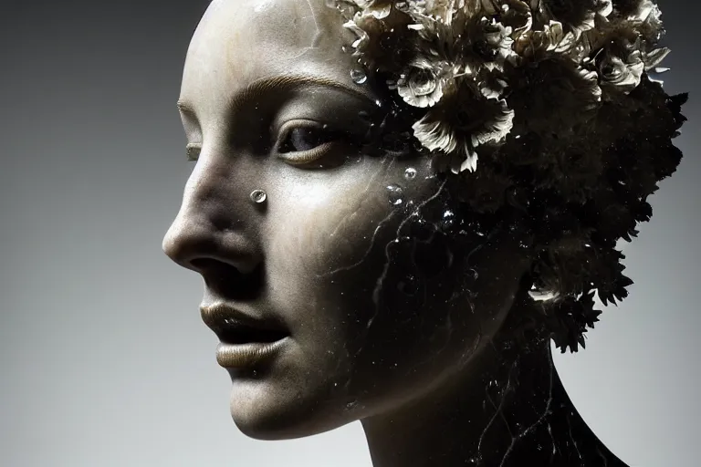 Image similar to a sculpture of a stunningly beautiful woman with flowing tears, fractal flowers on the skin, intricate, a marble sculpture by nicola samori, behance, neo - expressionism, marble sculpture, made of mist, still frame from the prometheus movie by ridley scott with cinematogrophy of christopher doyle, arri alexa, 8 k