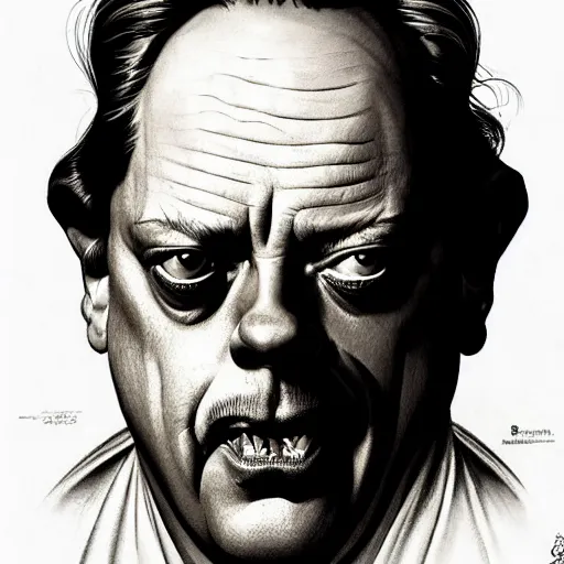 Image similar to dramatic upper body portrait of steve buscemi as baron harkonnen by norman rockwell and boris vallejo, artstation, concept creature character art, Dune 2021