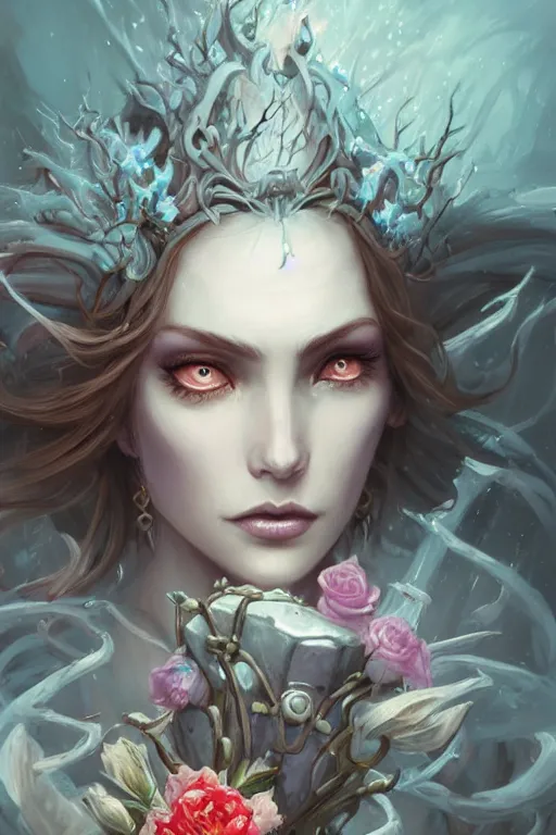 Image similar to face closeup beautiful girl necromancer covered with sculls and ice, wizard of the coast holding flowers and casting magic spell, angel, storm and thunder clouds, fantasy, magic the gathering, hyper detailed, 3 d render, hyper realistic detailed portrait, peter mohrbacher