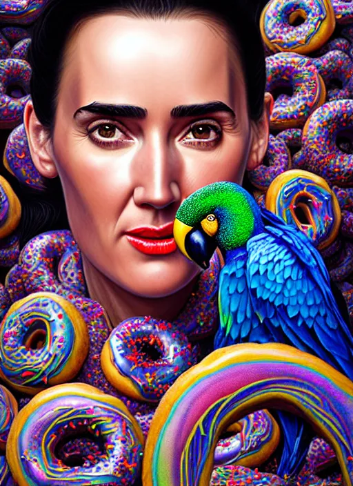 Image similar to hyper detailed 3d render like a Oil painting - Jennifer Connelly with black hair in thick mascara seen seriously making chewing gum bubbles and Eating of the Strangling network of colorful donuts and exotic colorful flowers and Her delicate Hands hold of pink parrots bring iridescent luminescent flowers whose blossoms black the foolish stars by Jacek Yerka, Mariusz Lewandowski, Houdini algorithmic generative render, Abstract brush strokes, Masterpiece, Edward Hopper and James Gilleard, Zdzislaw Beksinski, Mark Ryden, Wolfgang Lettl, Dan Hiller, hints of Yayoi Kasuma, octane render, 8k