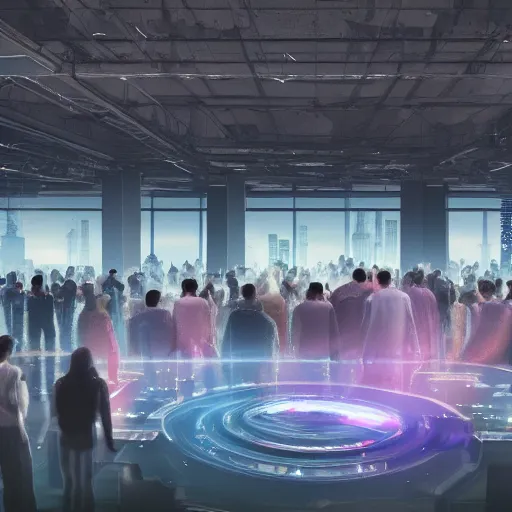 Image similar to large group people in a huge warehouse, looking at hologram of futuristic city on a table | cinematic concept art | godrays | 4 k | clear details | tabletop | tabletop | hologram foreground