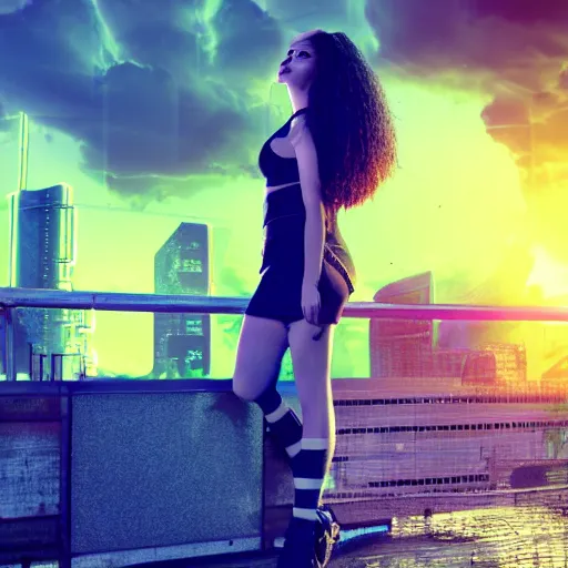 Image similar to cyberpunk girl looking to the ciry at sunset