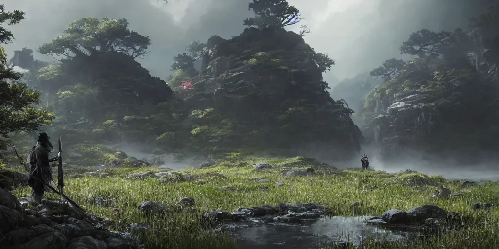 Image similar to an environmental concept art of ghost of tsushima, highly detailed, environmental light, cinematic by francis tneh