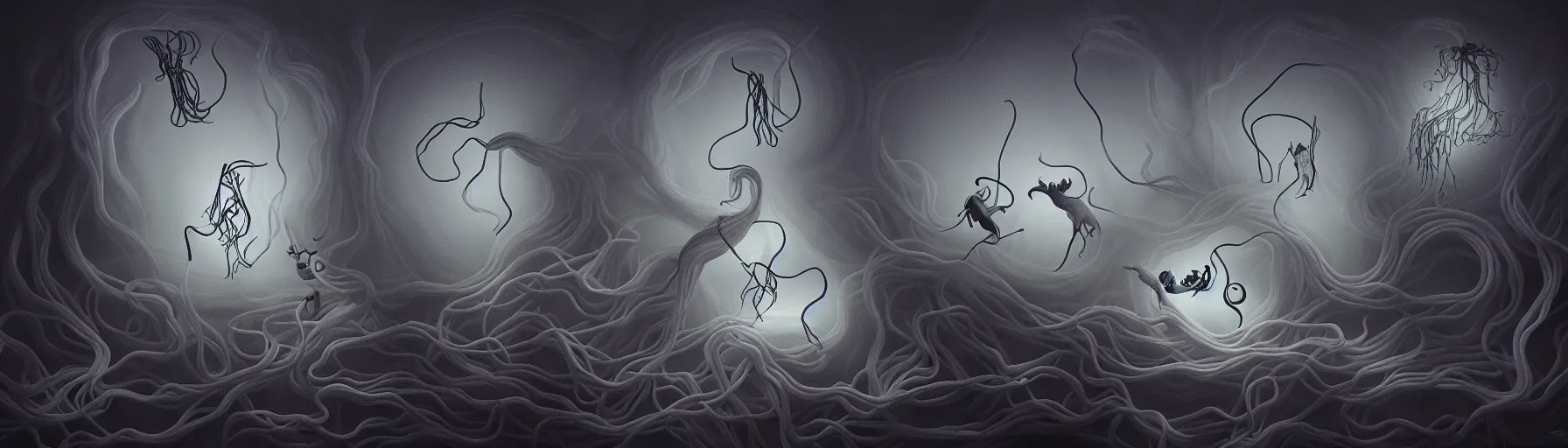 Prompt: whimsical creatures with flagella shaped like yin yangs from the depths of the collective unconscious, dramatic lighting, surreal darkly painting by ronny khalil