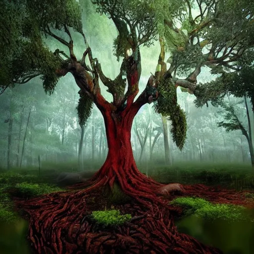 Prompt: horrific, spectacular tree in a thickly vegetated forest, fantasy, dreamlike sunraise, ultra realistic