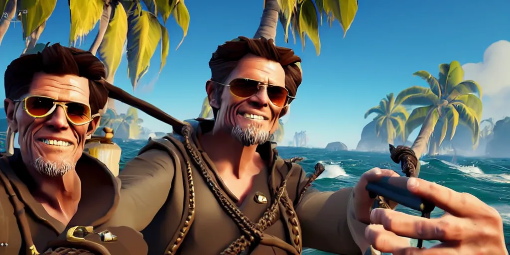 Prompt: selfie of willem dafoe as a sea of thieves character, sea of thieves screenshot, storm, unreal engine, digital art