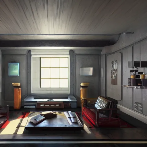 Image similar to Sci fi living room engine room, electric wallpaper, unreal engine 5 tech demo, zillow interior, cool tint, metallic reflective, octane render, Frank Lloyd Wright ((Studio Ghibli))