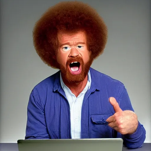 Image similar to angry bob ross screaming at his laptop