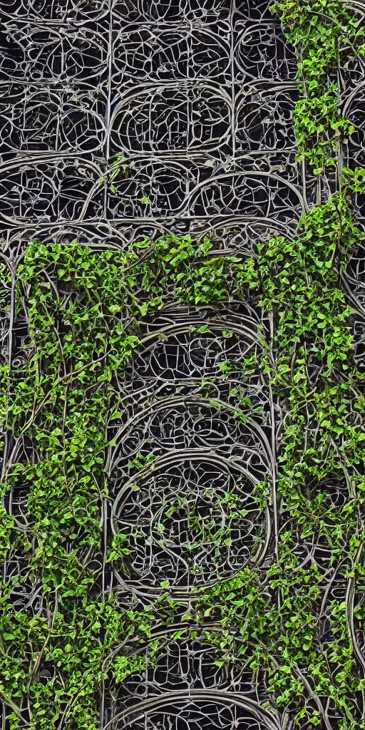 Prompt: a professional photograph of a modern building by Louis Sullivan and H.R. Giger covered in black ironwork vines, sprigs of green leaves and colorful flowers, Sigma 75mm, ornate, very detailed, hyperrealistic