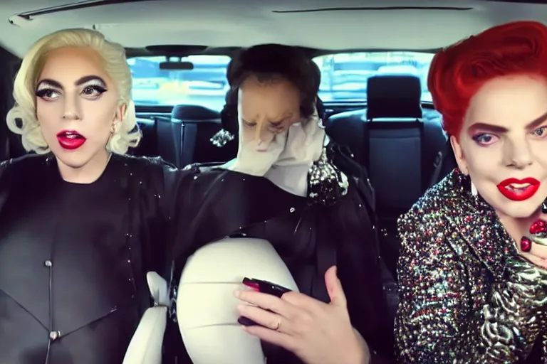 Image similar to lady gaga and judy garland carpool karaoke, highly realistic, highly detailed, high resolution, 8 k 4 k,