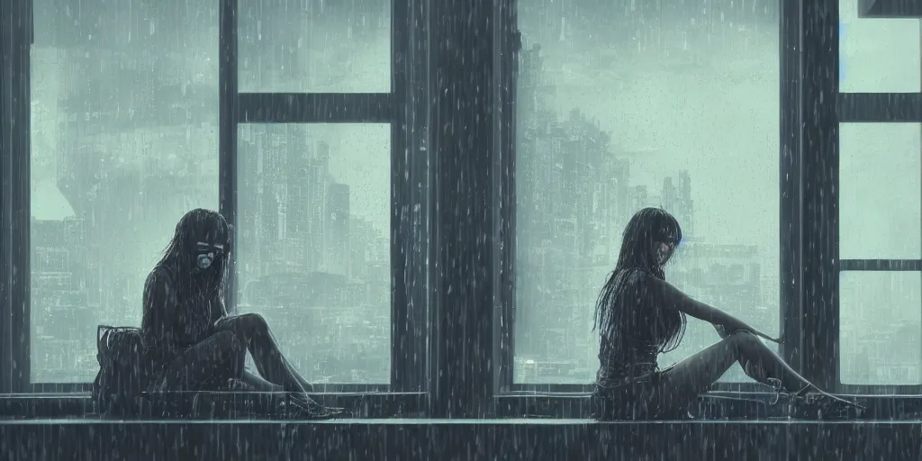 Image similar to sad girl sitting by the window, cyberpunk, accurate features, focus, very intricate ultrafine details, masterpiece, 8 k hd, realistic shaded lighting, detailed render, detailed backgrounds, epic composition, soft neon lights, rain