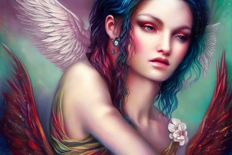 Image similar to pretty angel girl with wings photograph in the style of tom bagshaw, colorful, realistic, 8 k