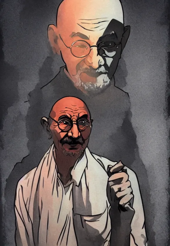 Prompt: Ghandi doing a ted talk in the style of Artgerm Ross Draws and Mike Mignola, hard shadows, strong rim light, comic cover art