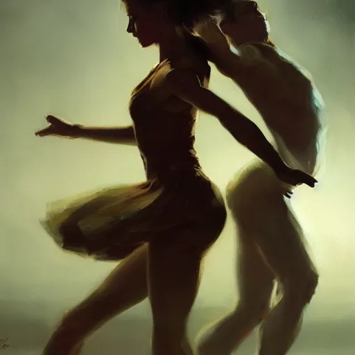 Image similar to oil painting dancer woman with dancer men, herb rose, by greg rutkowski, artstation