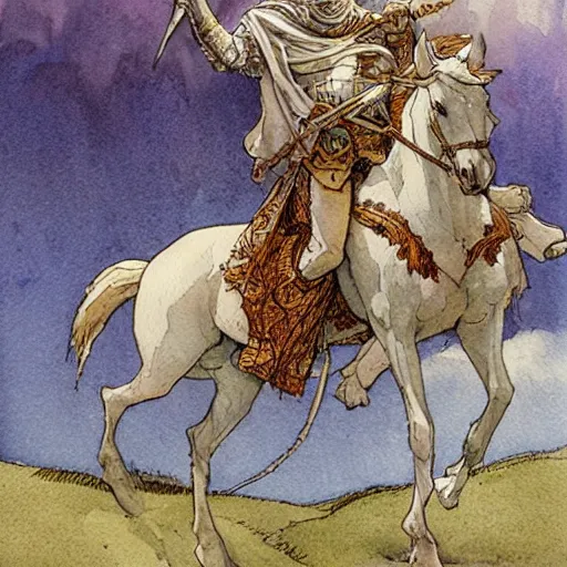 Image similar to a realistic and atmospheric watercolour fantasy concept art of a knight on a white horse, muted colors. by rebecca guay, michael kaluta, charles vess and jean moebius giraud,